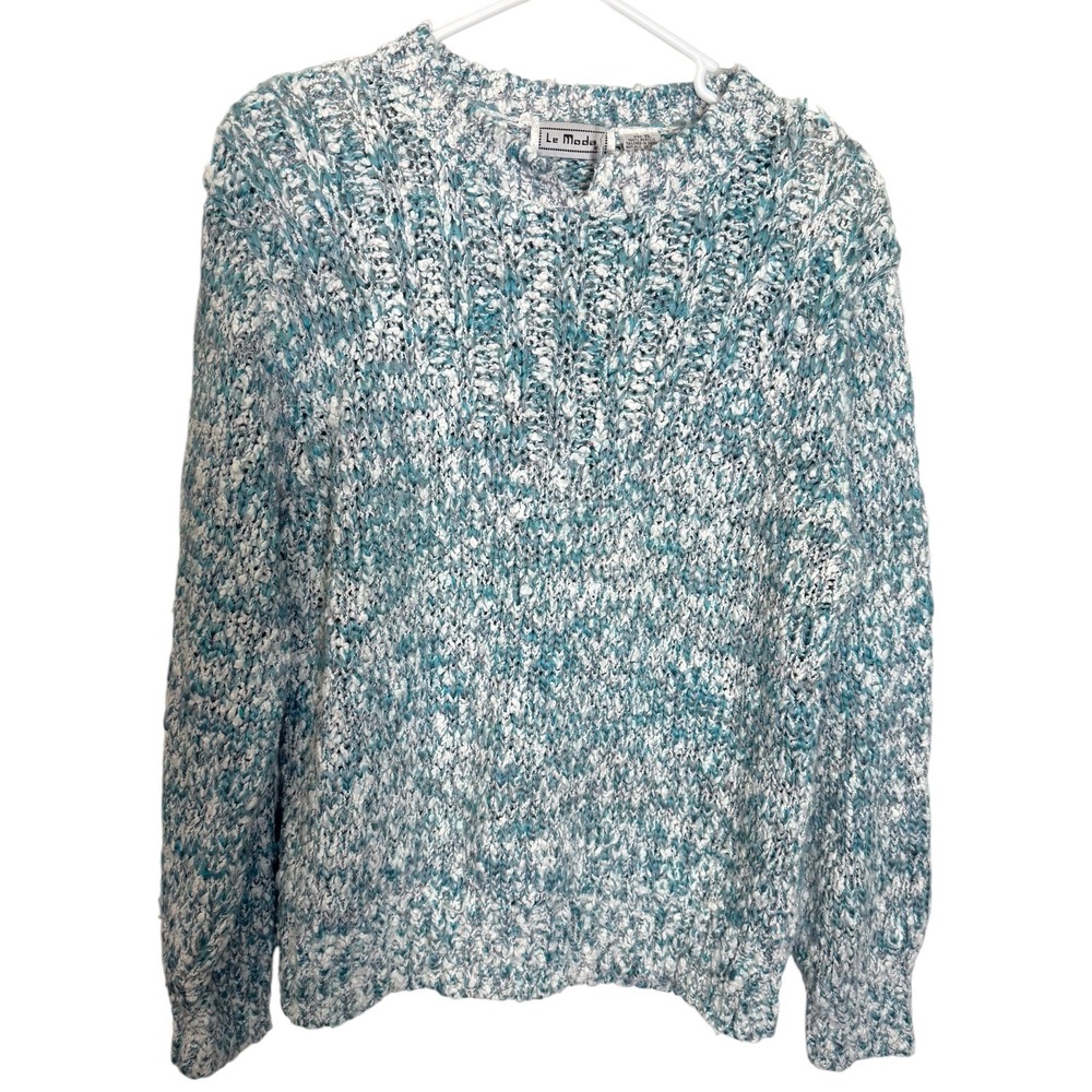 Le Moda XL Blue White Marled Chunky Knit Sweater Crewneck Pullover Coastal Cozy